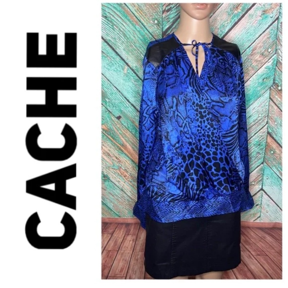 Cache Royal Blue and Black Printed Long Sleeve Blouse